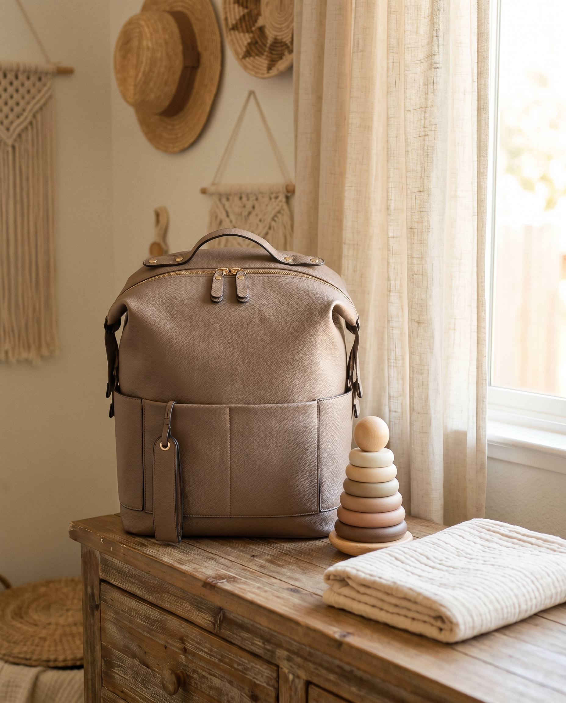 Sac à dos à langer façon cuir Tendrinette · Taupe · scène nursery