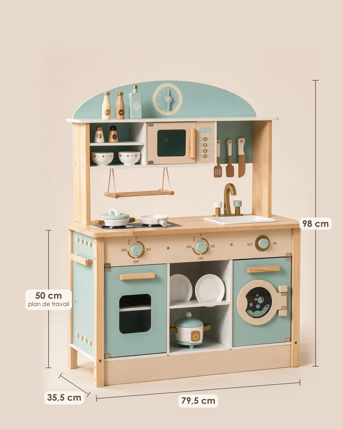 Cuisine en bois enfant Tendrinette · dimensions 79,5 x 35,5 x 98 cm, plan de travail à 50 cm