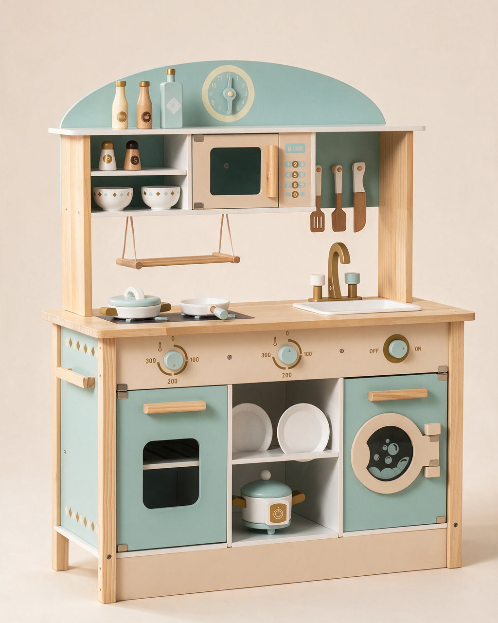 Cuisine en bois enfant Tendrinette · cuisine vert d'eau et bois naturel avec ses 17 accessoires