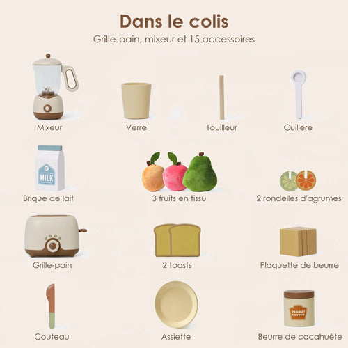 Dînette en bois grille-pain et mixeur Tendrinette · contenu du colis, 15 accessoires