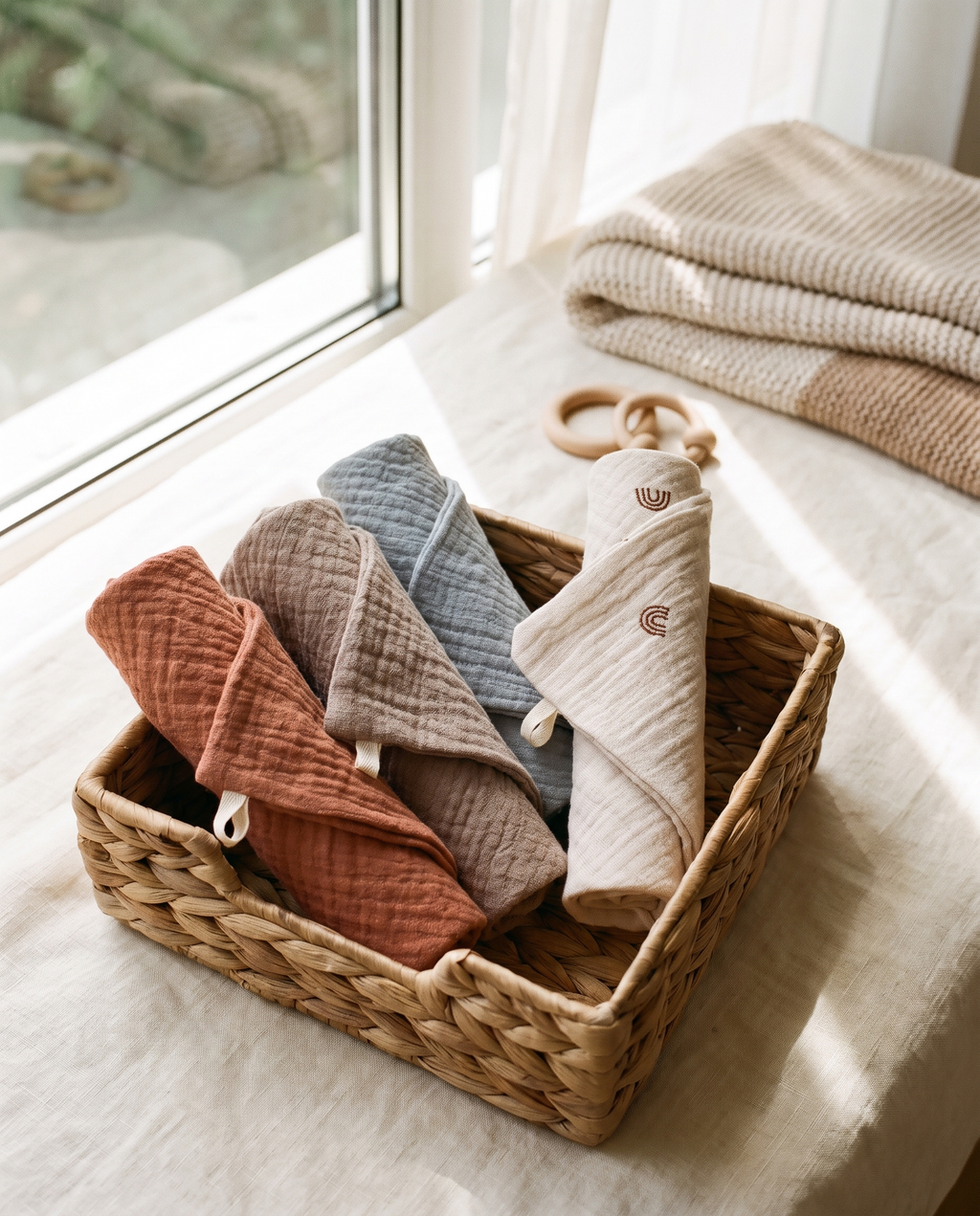 Lot de 5 langes en mousseline de coton Tendrinette · panier de rangement