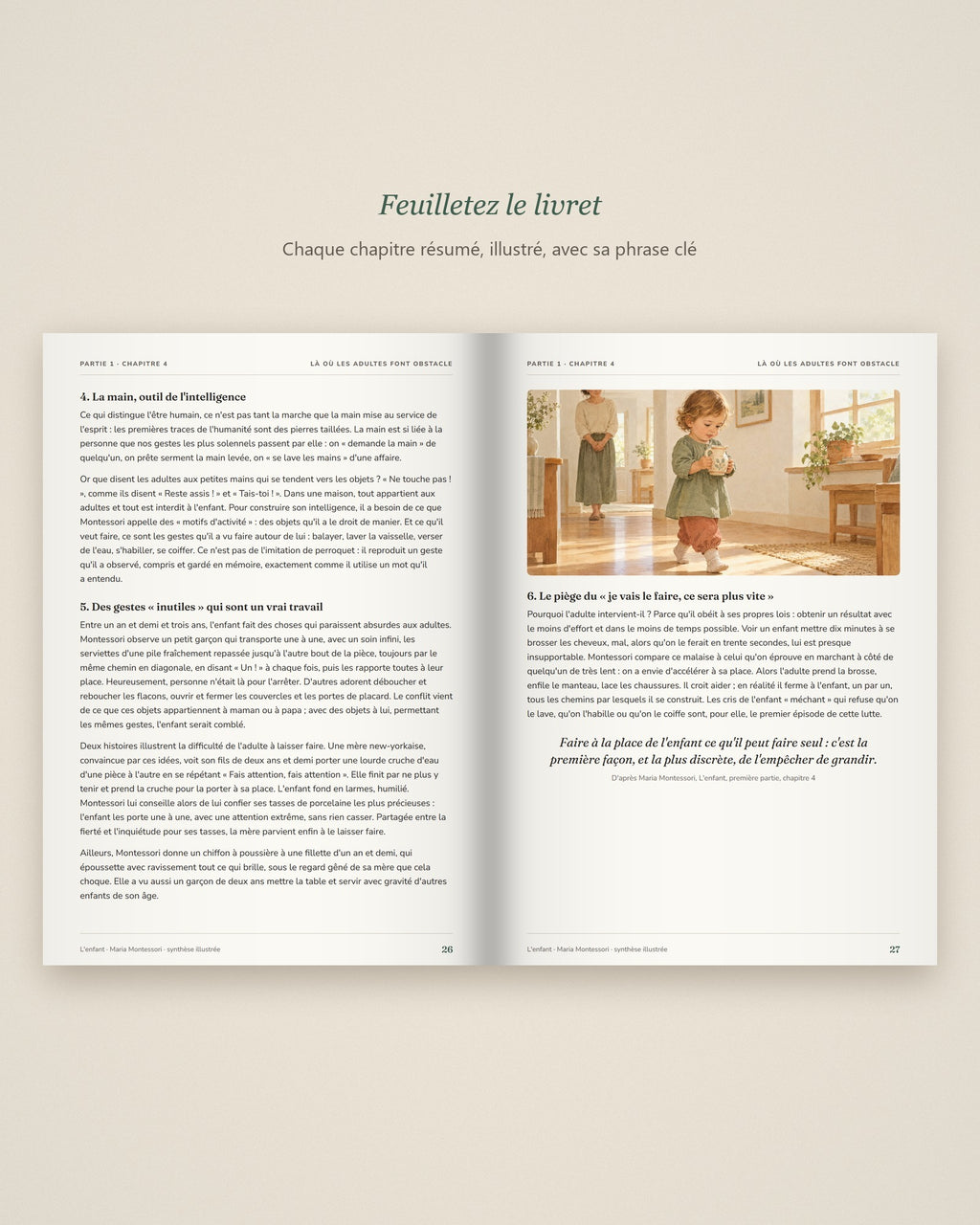 Livret Montessori L'enfant Tendrinette · double page d'un chapitre résumé et illustré