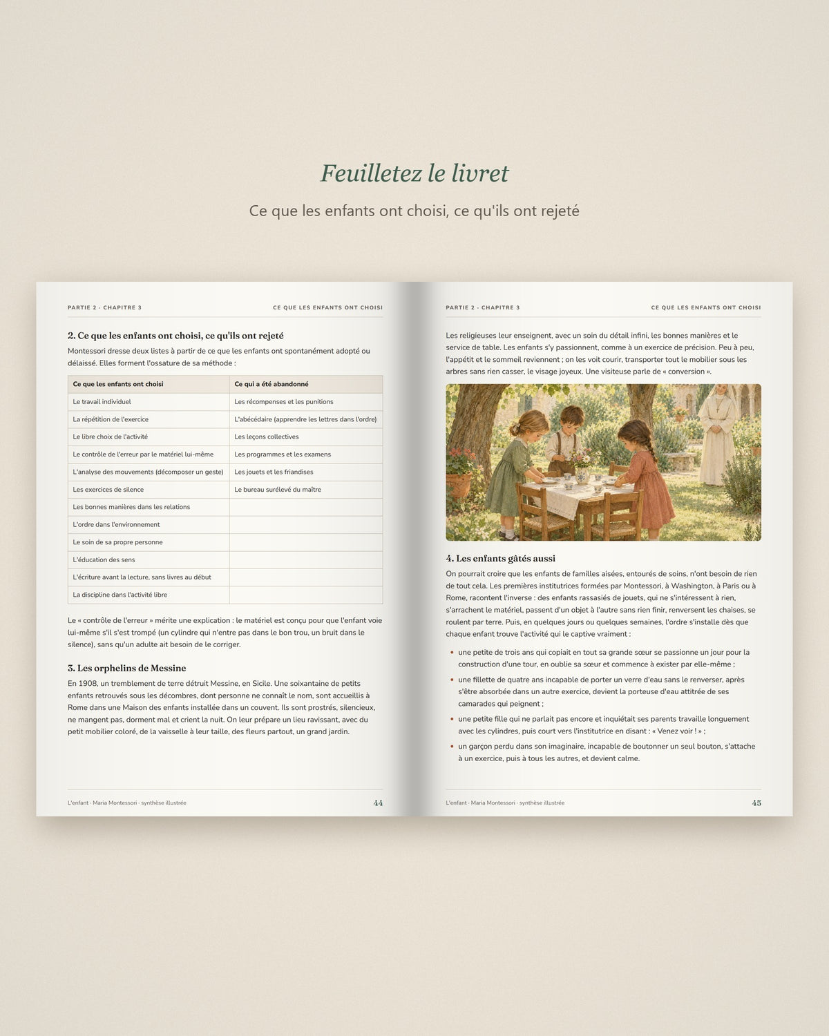 Livret Montessori L'enfant Tendrinette · double page, ce que les enfants ont choisi et ce qu'ils ont rejeté