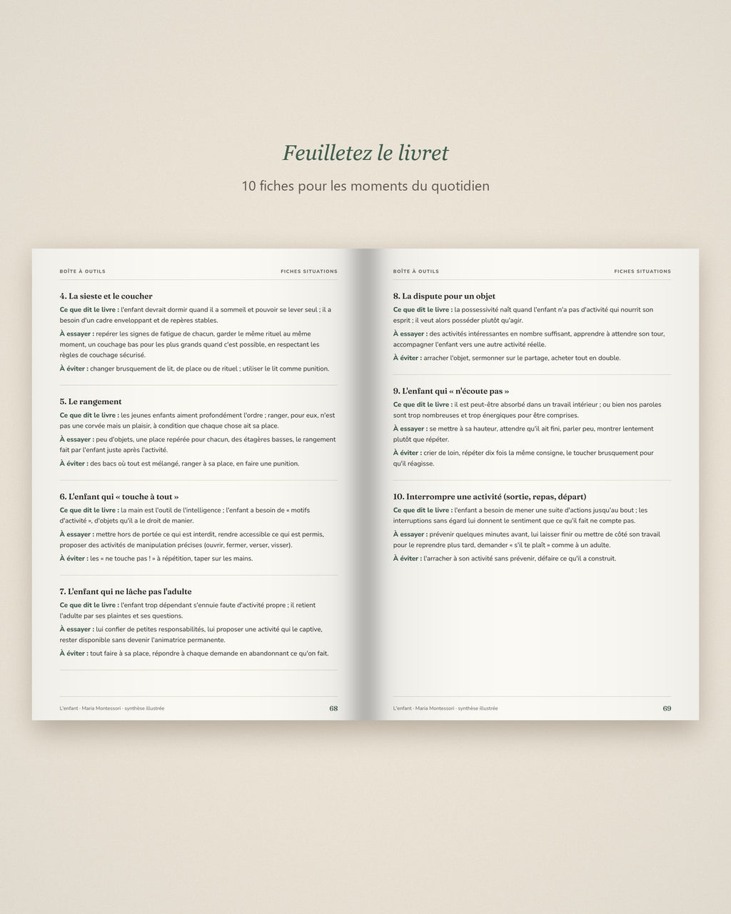 Livret Montessori L'enfant Tendrinette · double page des fiches situations du quotidien