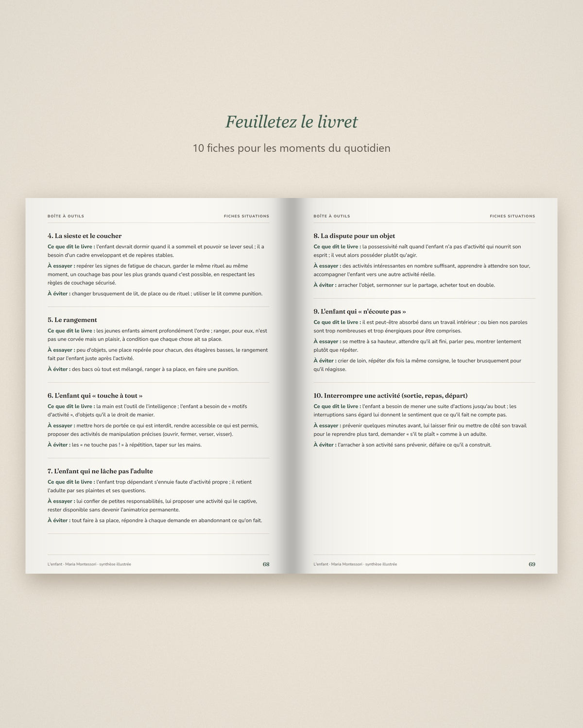 Livret Montessori L'enfant Tendrinette · double page des fiches situations du quotidien