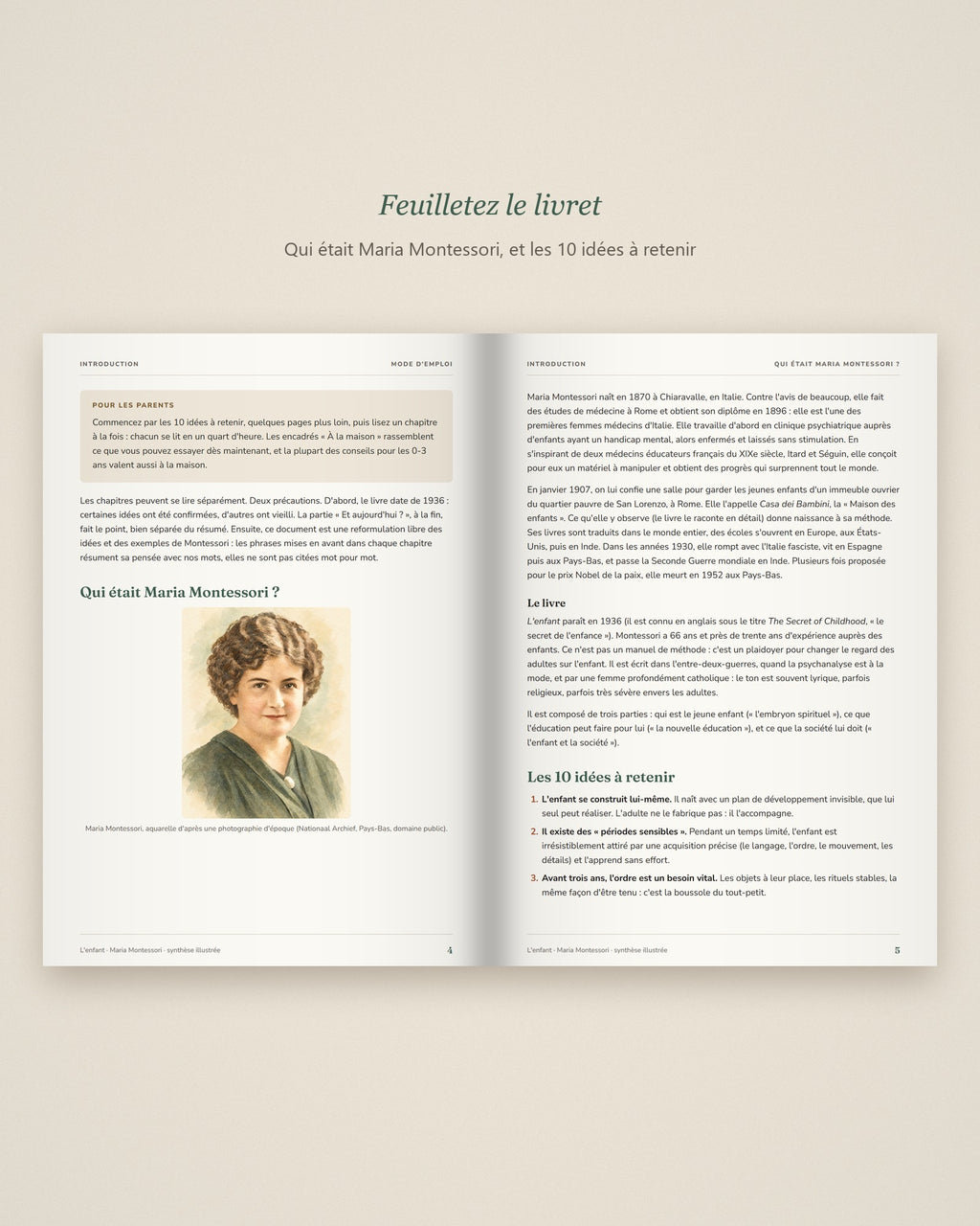 Livret Montessori L'enfant Tendrinette · double page, qui était Maria Montessori et les 10 idées à retenir