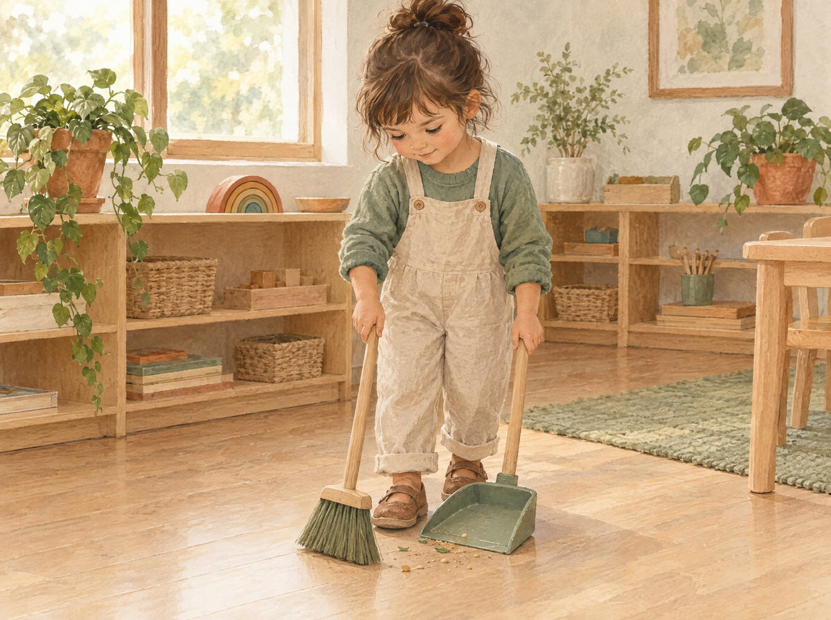 Livret Montessori L'enfant Tendrinette · illustration, une petite fille balaie seule avec un balai à sa taille