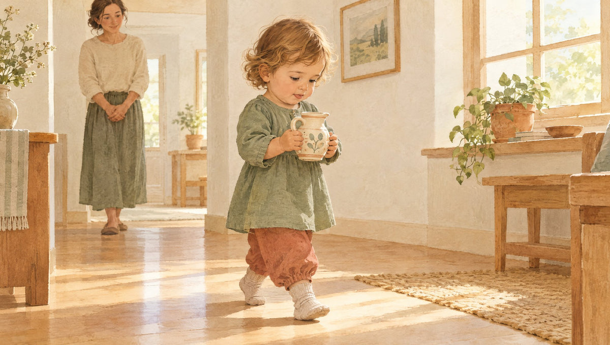 Livret Montessori L'enfant Tendrinette · illustration, un tout-petit porte une cruche sous le regard de sa maman