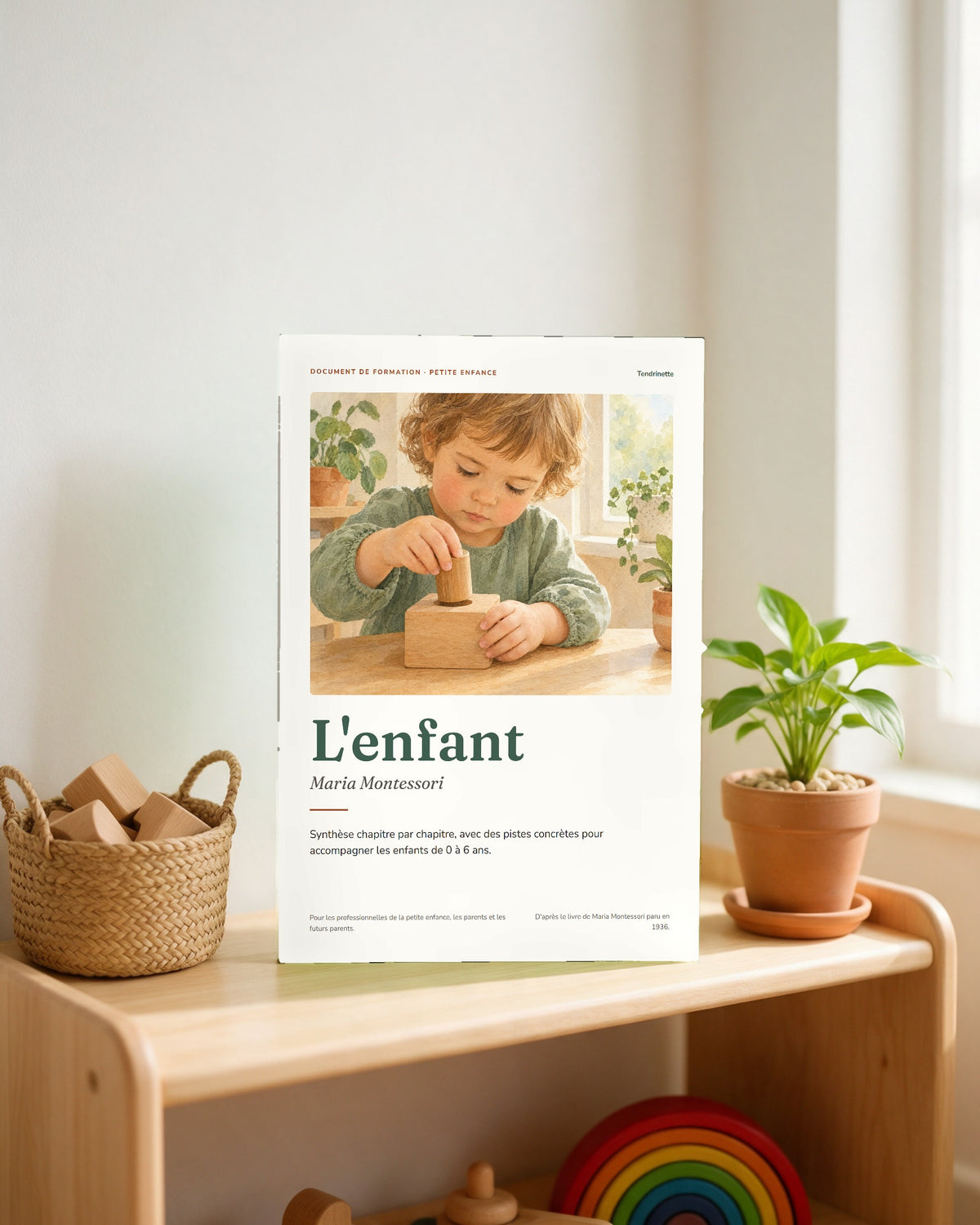 Livret Montessori L'enfant Tendrinette · le livret sur une étagère Montessori