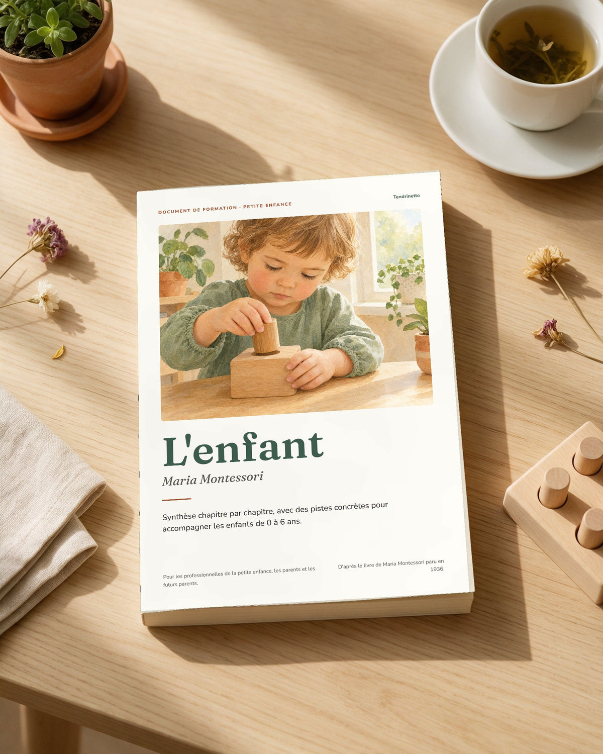 Livret Montessori L'enfant Tendrinette · le livret posé sur une table en bois