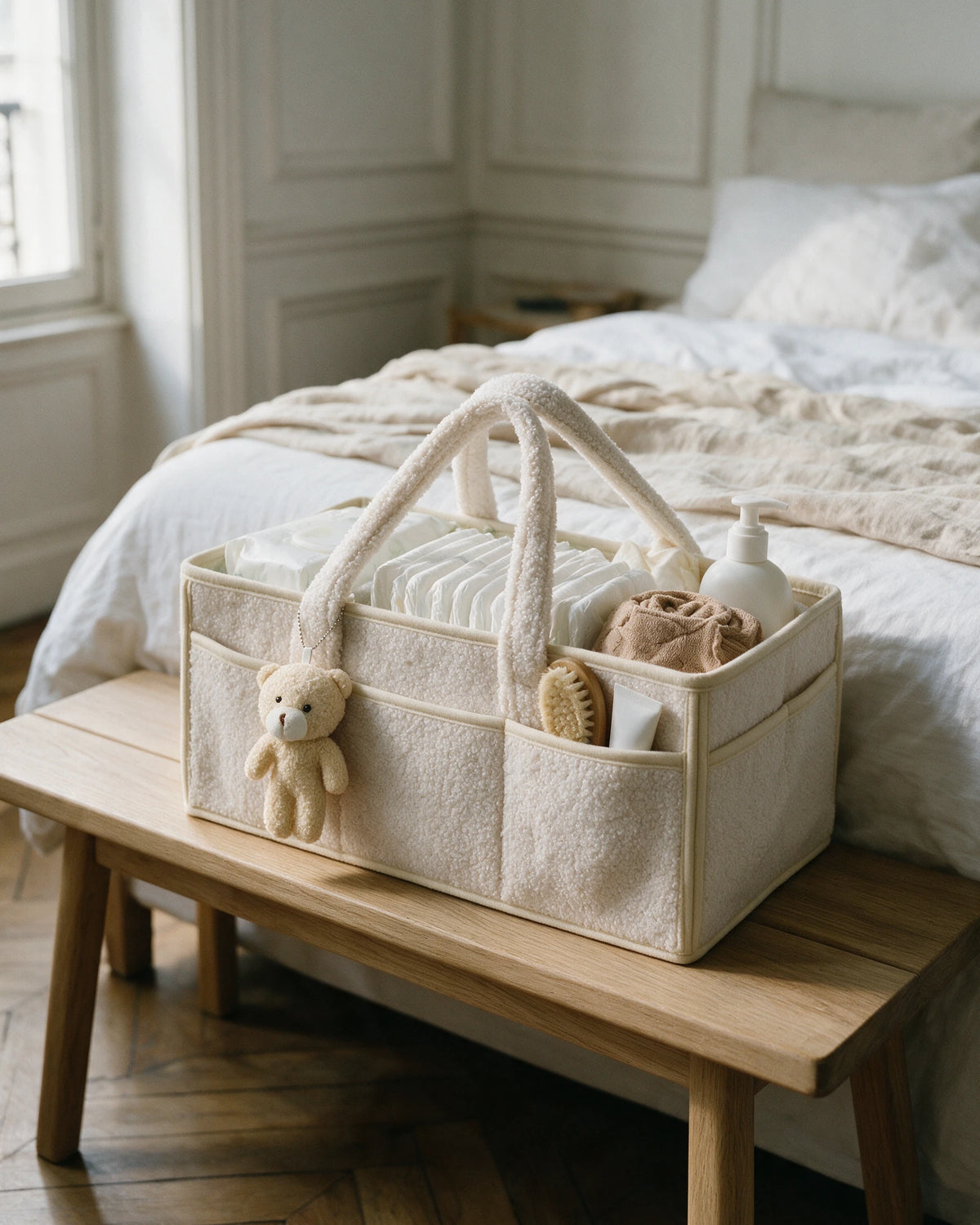 Panier de rangement bébé en bouclette Tendrinette · Crème · garni au pied du lit