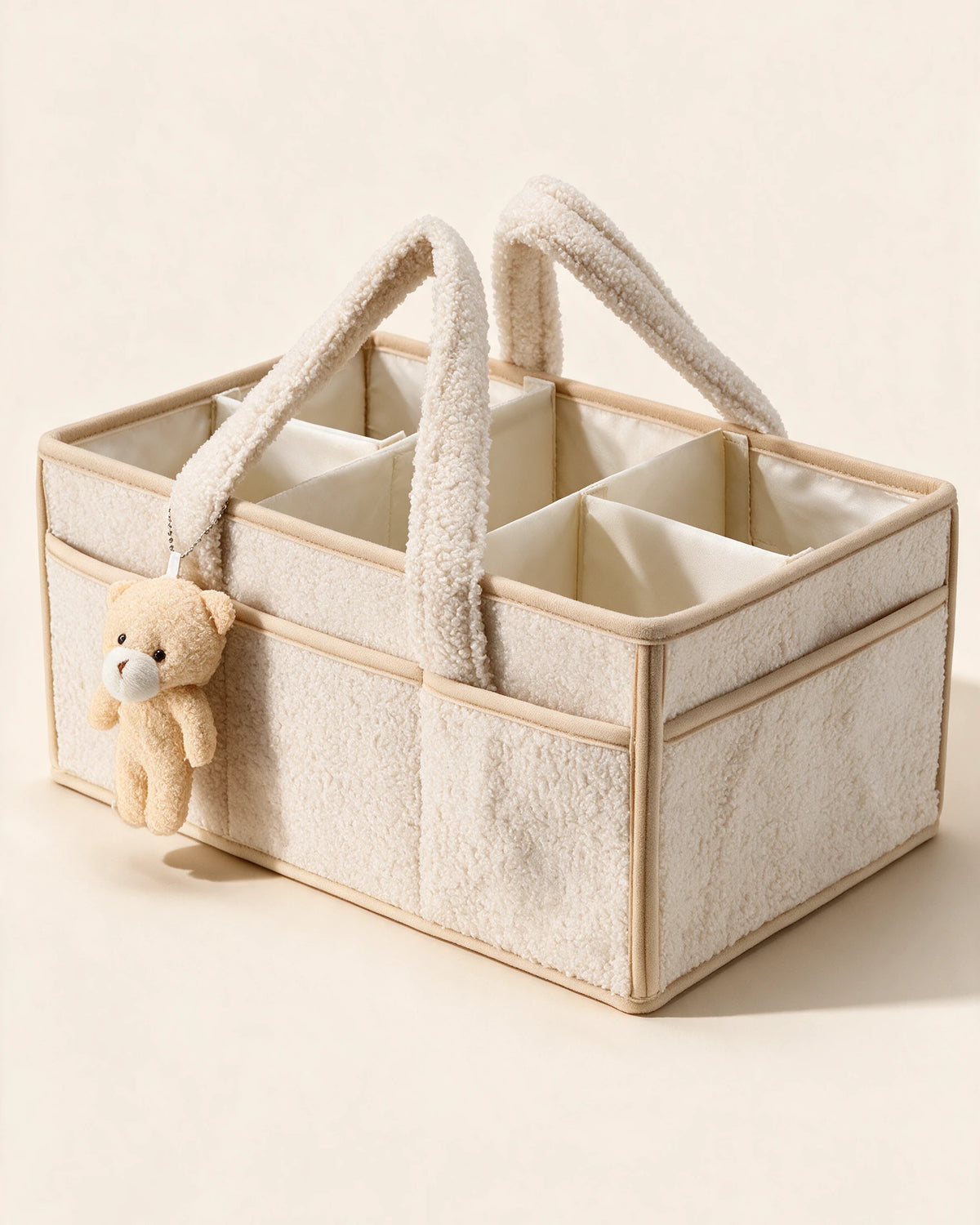 Panier de rangement bébé en bouclette Tendrinette · Crème · panier vide, cases et ourson