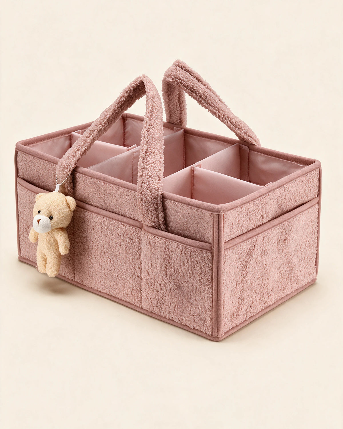 Panier de rangement bébé en bouclette Tendrinette · Rose poudré · panier vide, cases et ourson