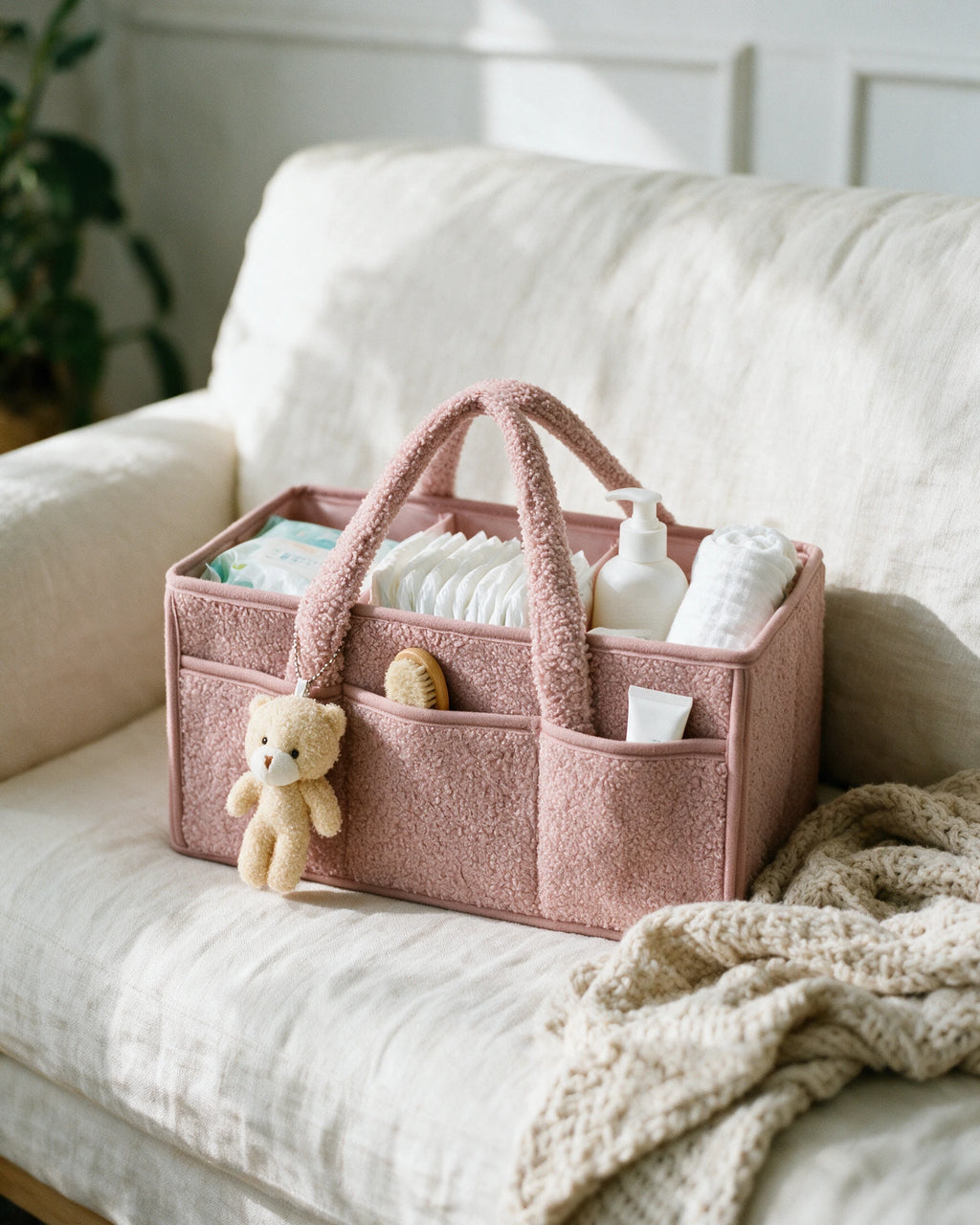 Panier de rangement bébé en bouclette Tendrinette · Rose poudré · garni sur le canapé