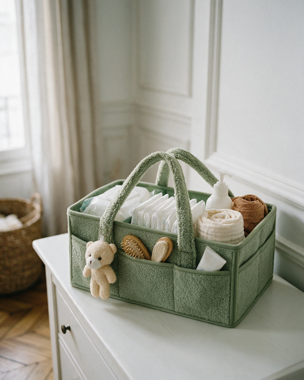 Panier de rangement bébé en bouclette Tendrinette · Vert sauge · garni sur la commode à langer