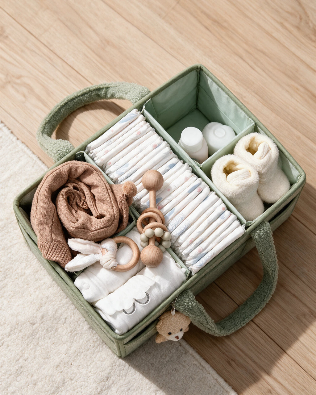 Panier de rangement bébé en bouclette Tendrinette · Vert sauge · vue de dessus, une case pour chaque chose