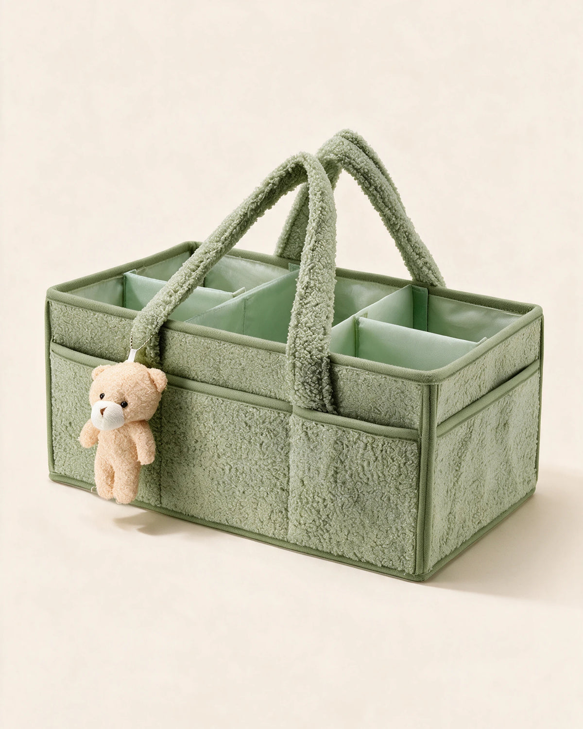 Panier de rangement bébé en bouclette Tendrinette · Vert sauge · panier vide, cases et ourson