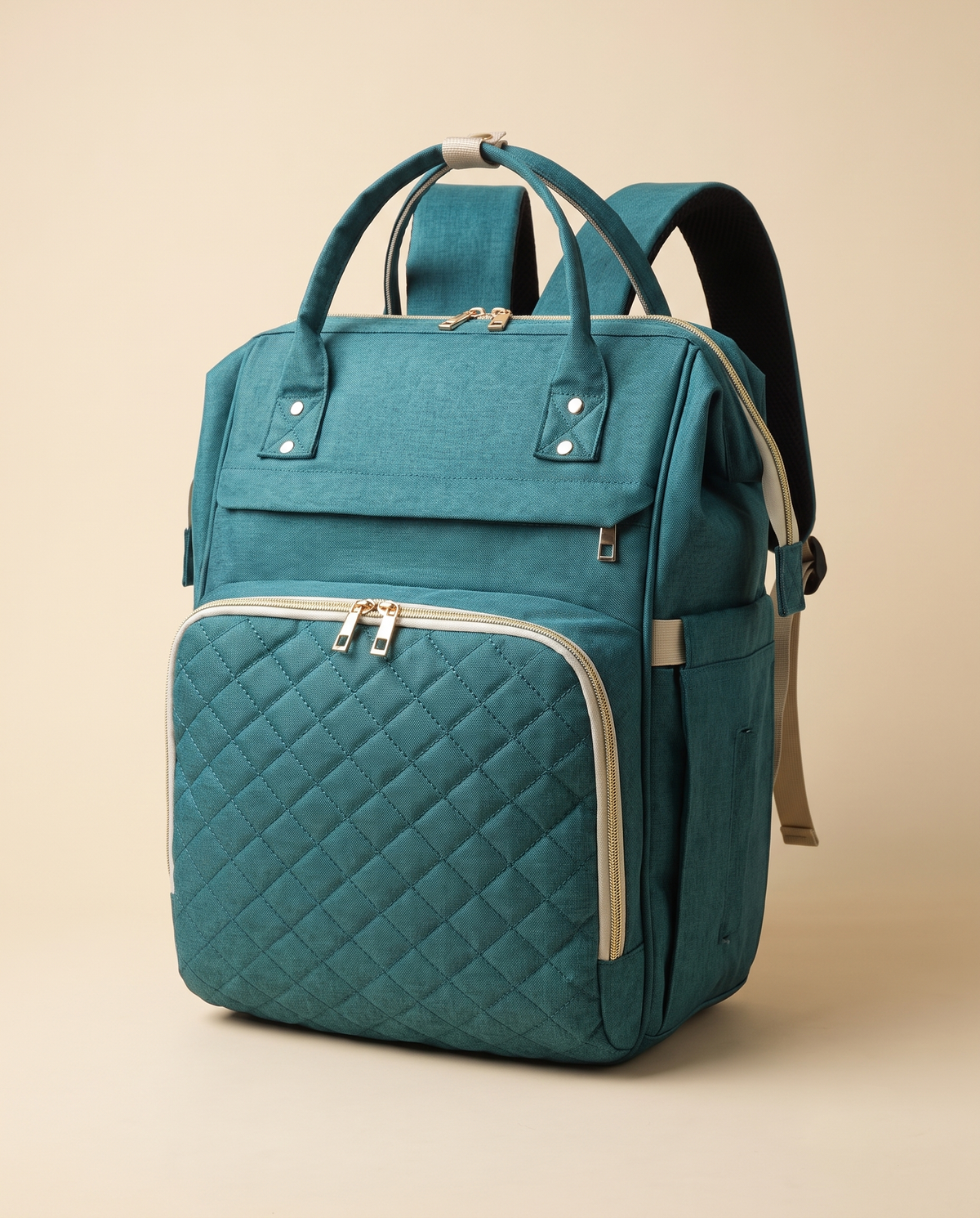 Sac à dos à langer bébé maternité matelassé Tendrinette · Bleu canard · packshot studio trois quarts
