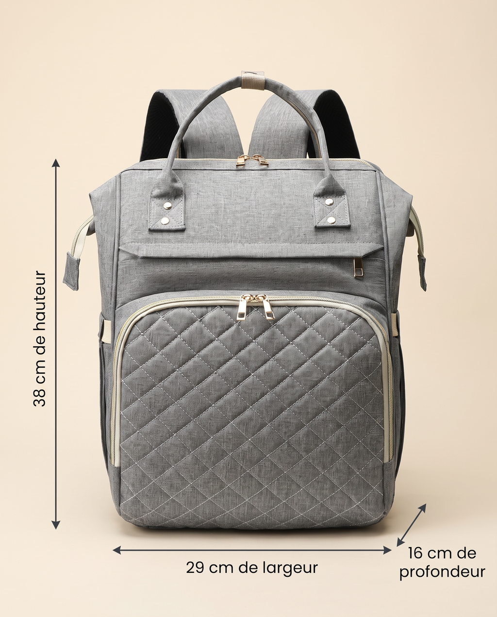Sac à dos à langer bébé maternité matelassé Tendrinette · Gris clair · dimensions 38 x 29 x 16 cm