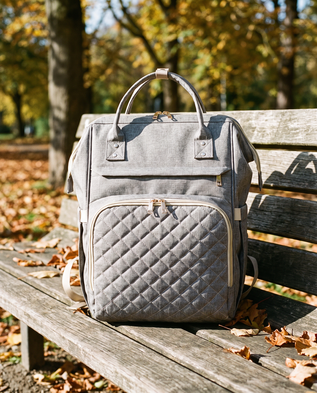 Sac à dos à langer bébé maternité matelassé Tendrinette · Gris clair · posé sur un banc de parc