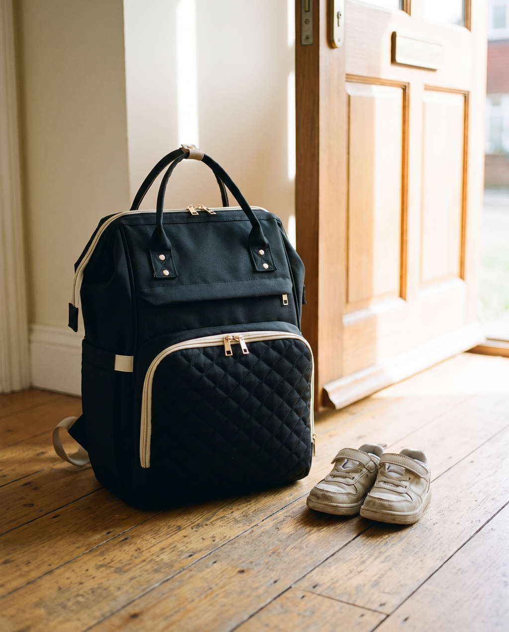 Sac à dos à langer bébé maternité matelassé Tendrinette · Noir · posé dans l'entrée prêt à partir