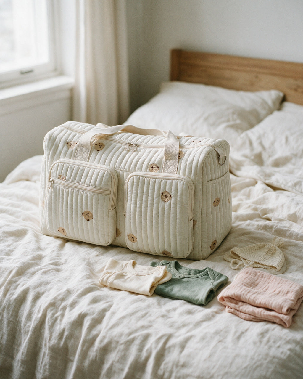 Sac à langer maternité matelassé brodé Tendrinette · Oursons brodés · prêt pour la maternité, posé sur le lit