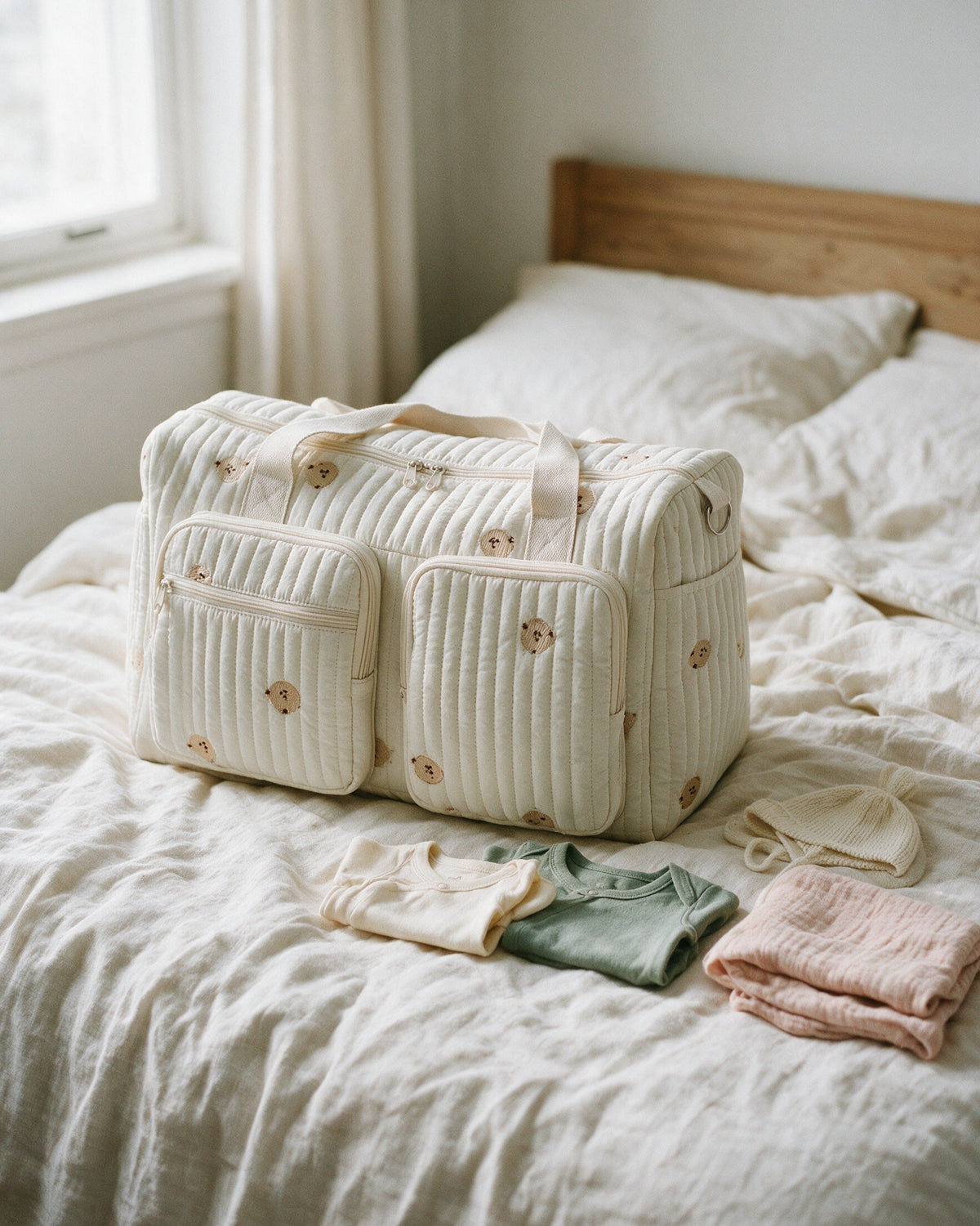 Sac à langer maternité matelassé brodé Tendrinette · Oursons brodés · prêt pour la maternité, posé sur le lit