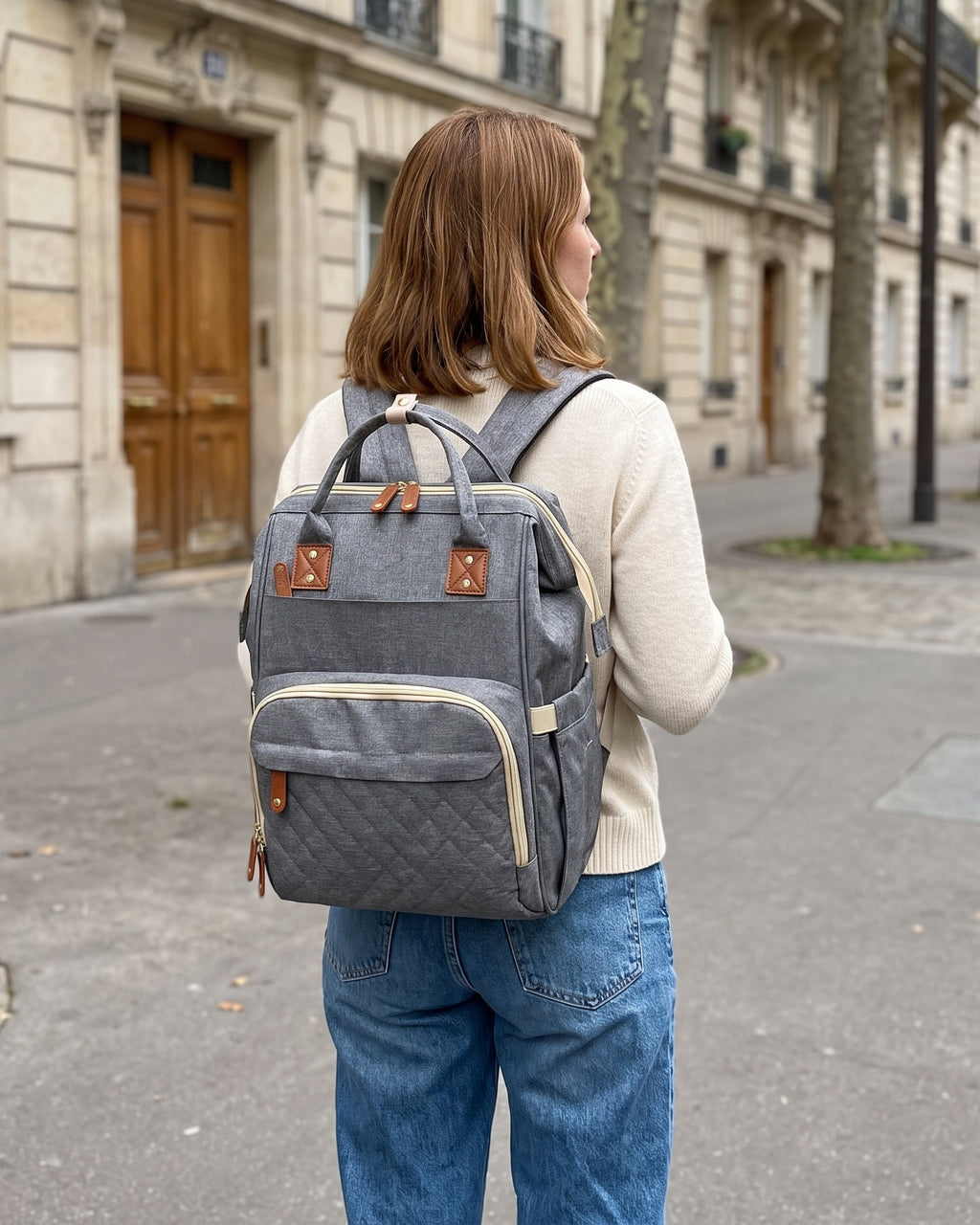 Sac à langer 2-en-1 Tendrinette · Gris clair · porté