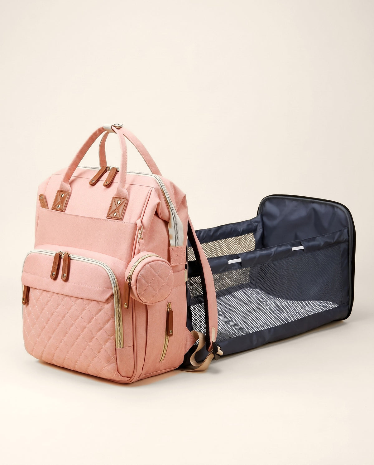 Sac à langer 2-en-1 Tendrinette · Rose · station de change dépliée