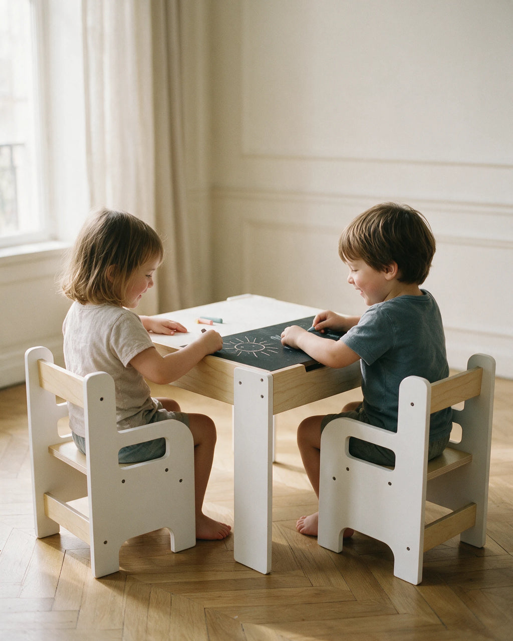 Table et chaise enfant Tendrinette · fille et garçon qui dessinent à la craie