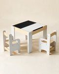 Table et chaise enfant Tendrinette · table en bois et 2 chaises, plateau tableau noir