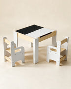 Table et chaise enfant Tendrinette · table en bois et 2 chaises, plateau tableau noir