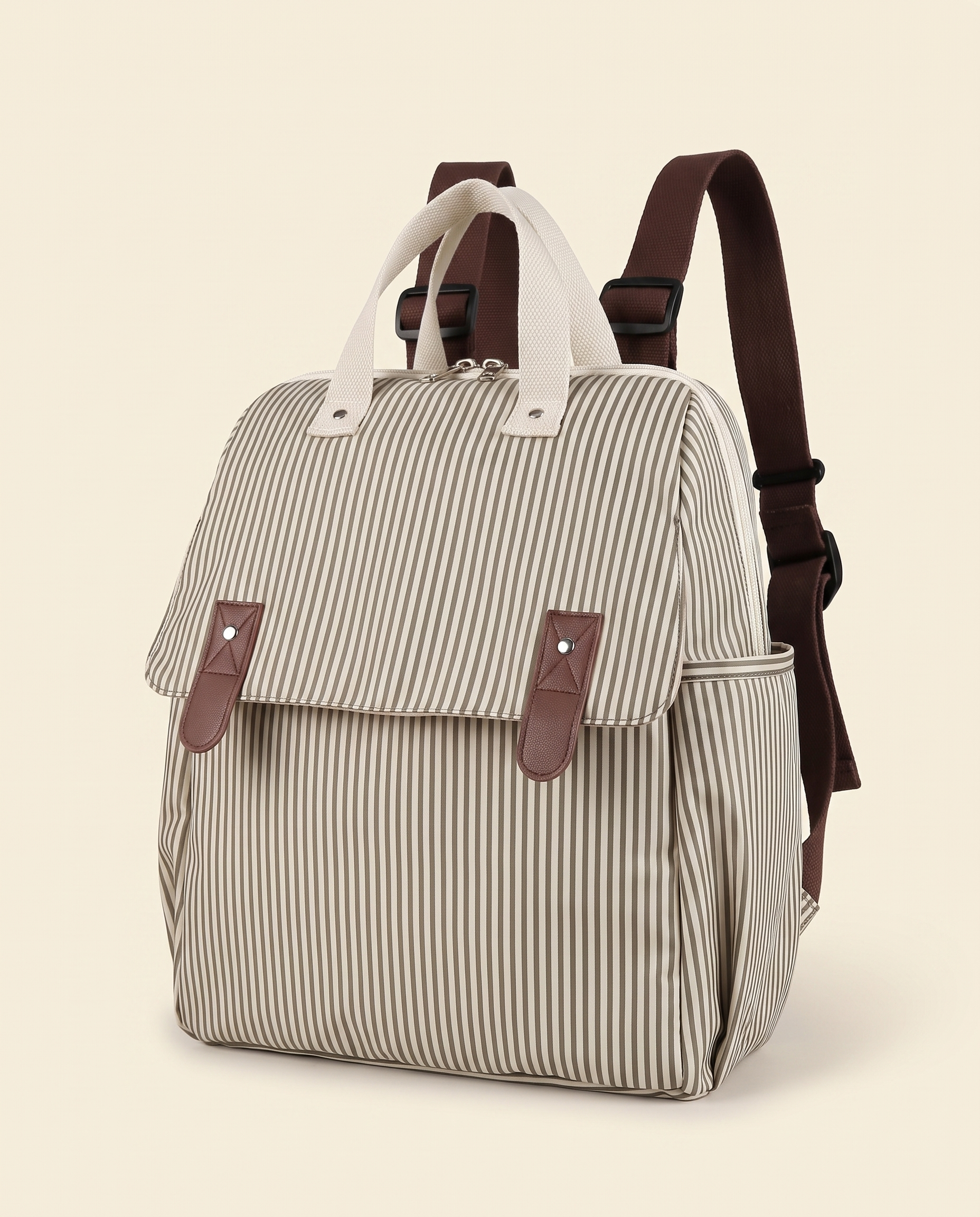 Sac à dos à langer 3 en 1 Tendrinette · Beige rayé · vue trois-quarts