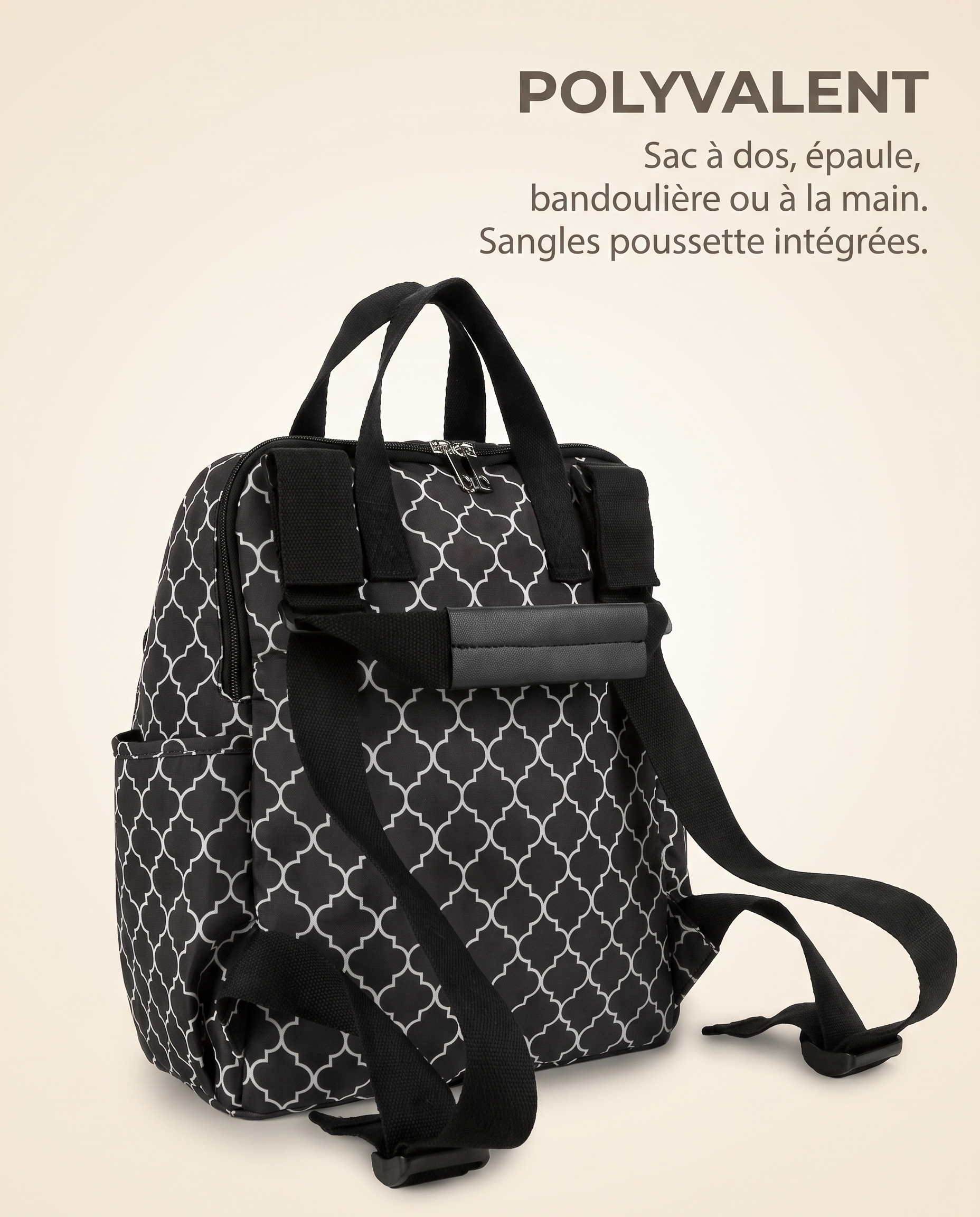 Sac à dos à langer 3 en 1 Tendrinette · Noir géométrique · détail convertible