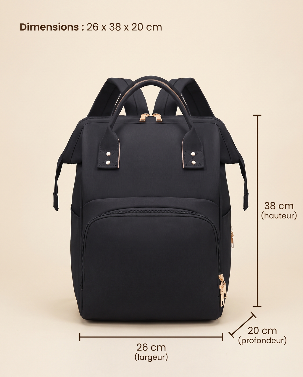 Sac à dos à langer Tendrinette · Noir · dimensions