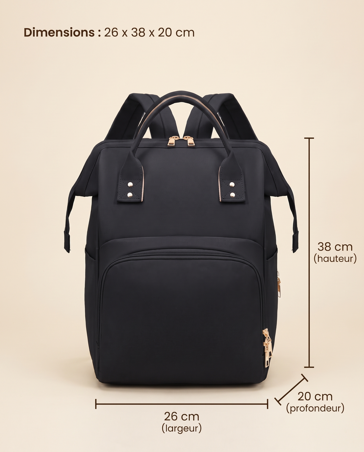 Sac à dos à langer Tendrinette · Noir · dimensions