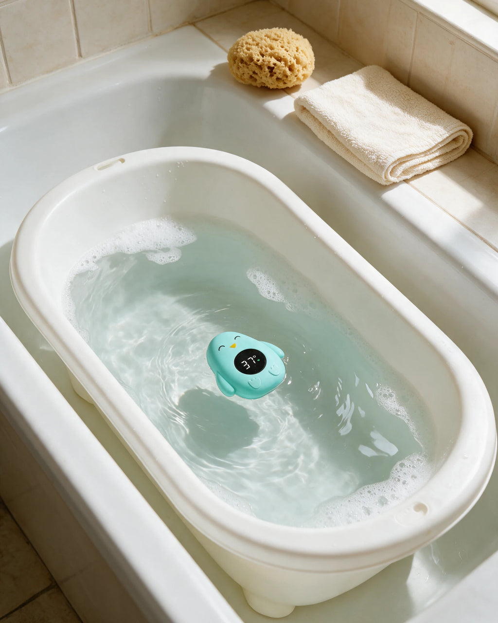 Thermomètre de bain bébé flottant Tendrinette · le pingouin flotte dans la baignoire bébé, 37 °C voyant vert
