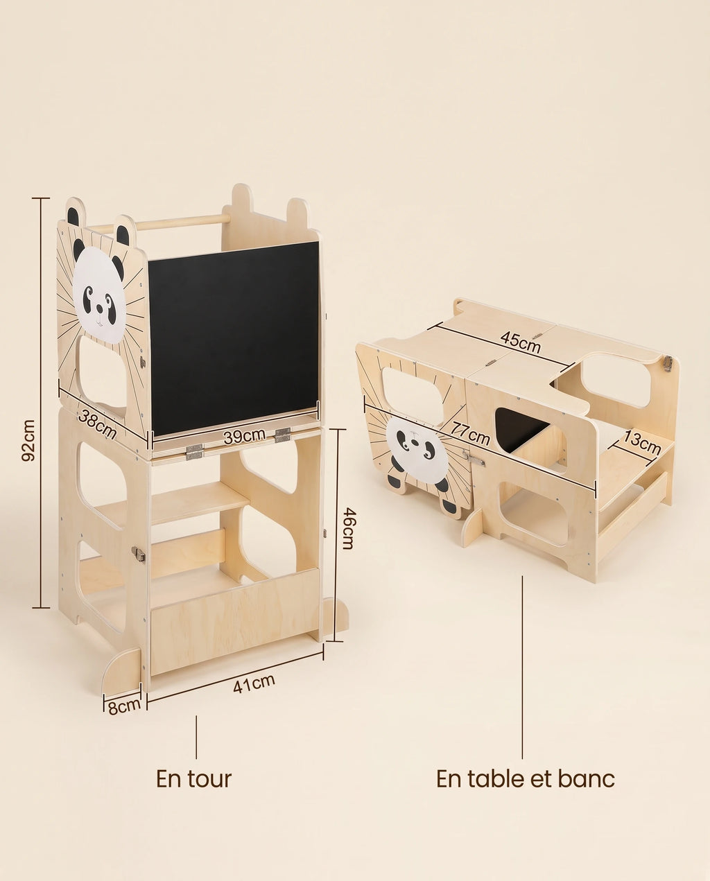 Tour d'observation Montessori évolutive Tendrinette · dimensions en tour et en table