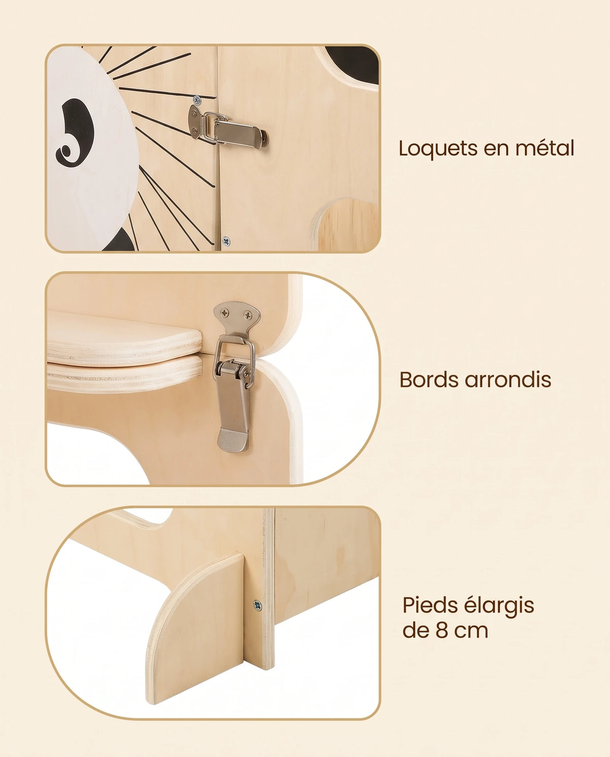 Tour d'observation Montessori évolutive Tendrinette · loquets, bords arrondis et pieds