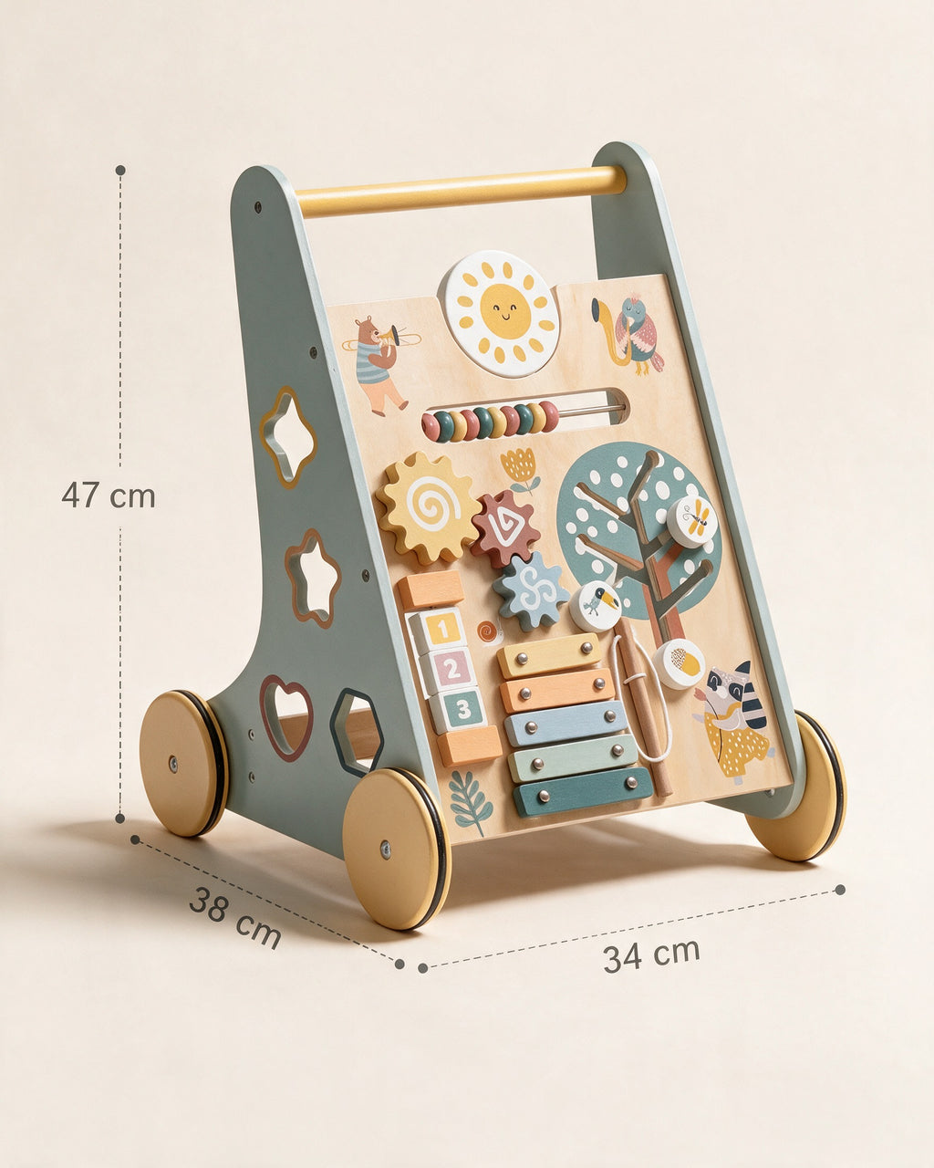 Trotteur bébé en bois Tendrinette · dimensions 47 cm de haut, 34 cm de large, 38 cm de profondeur