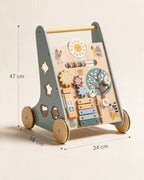 Trotteur bébé en bois Tendrinette · dimensions 47 cm de haut, 34 cm de large, 38 cm de profondeur