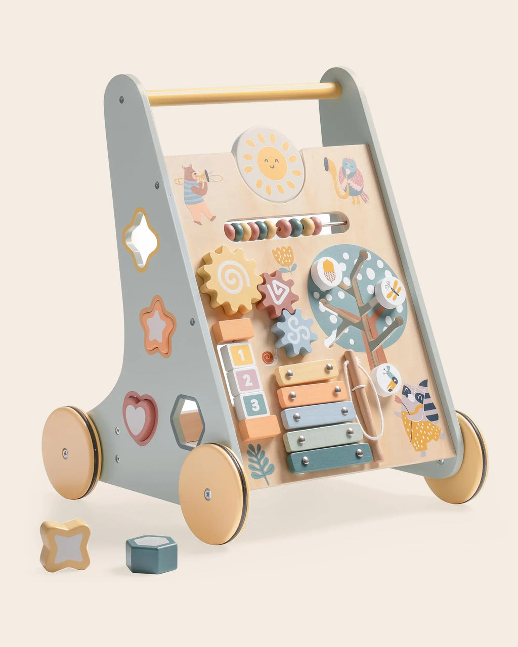 Trotteur bébé en bois Tendrinette · chariot de marche à 8 activités, vue de trois quarts