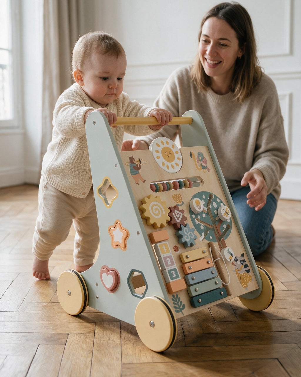 Trotteur bébé en bois Tendrinette · enfant qui pousse son chariot de marche