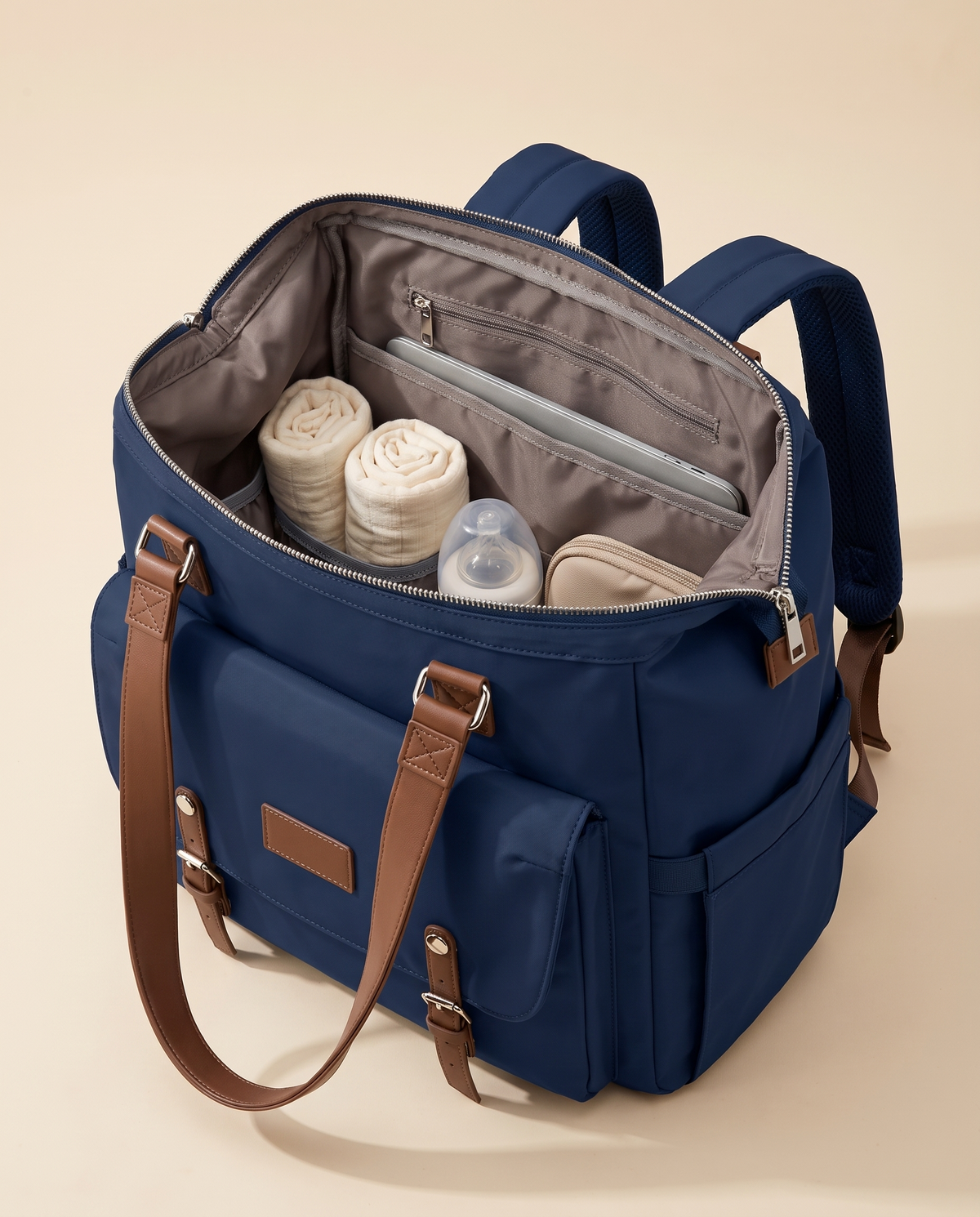 Sac à dos à langer vintage Tendrinette · Bleu · intérieur ouvert
