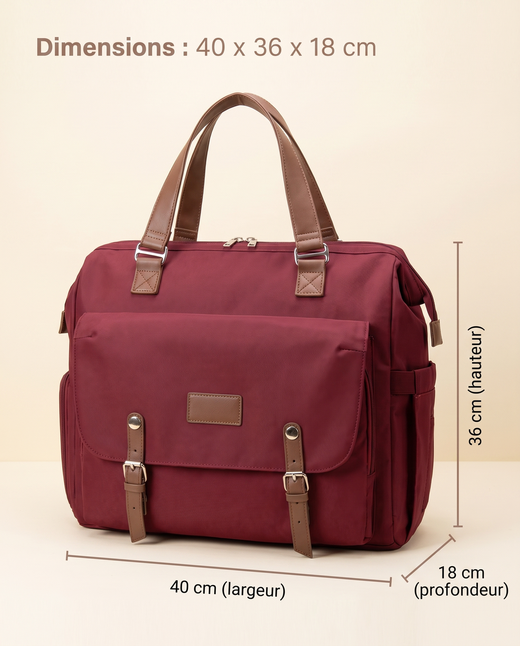 Sac à dos à langer vintage Tendrinette · Bordeaux · dimensions