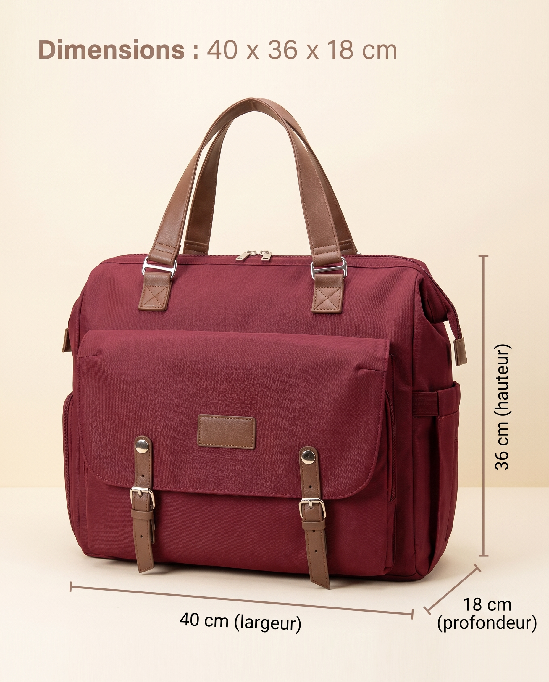 Sac à dos à langer vintage Tendrinette · Bordeaux · dimensions
