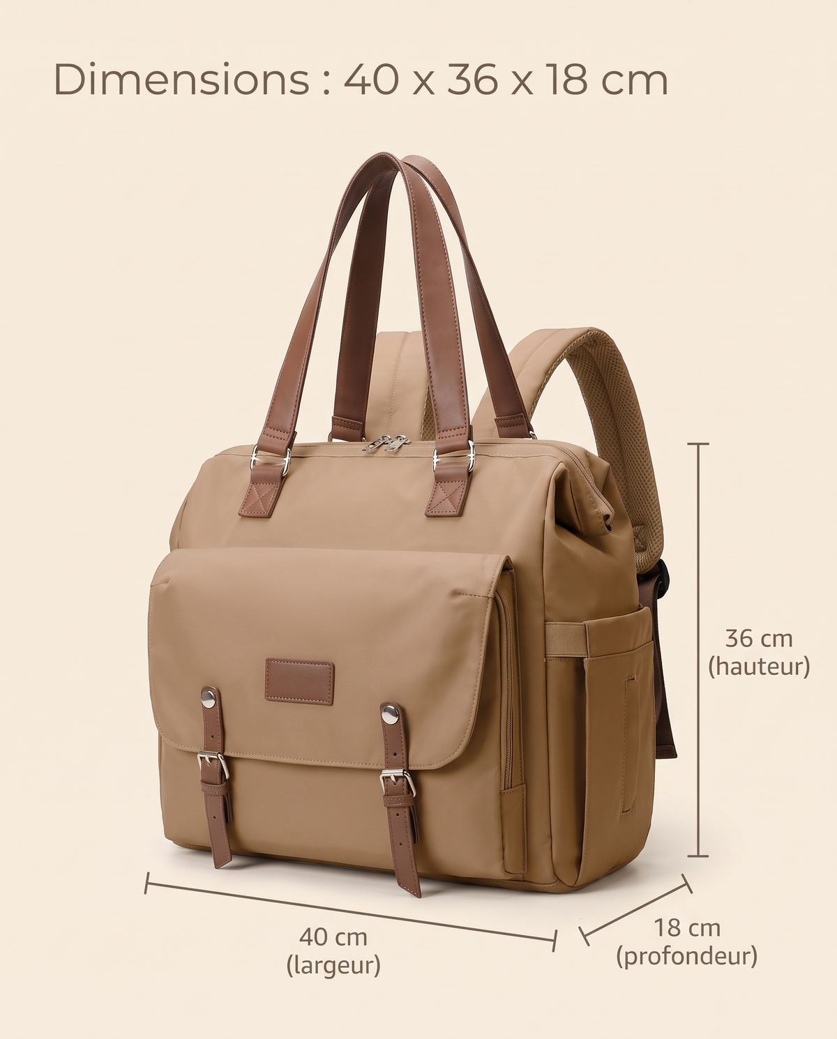 Sac à dos à langer vintage Tendrinette · Camel · dimensions