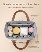 Sac à dos à langer vintage Tendrinette · intérieur détaillé et port USB
