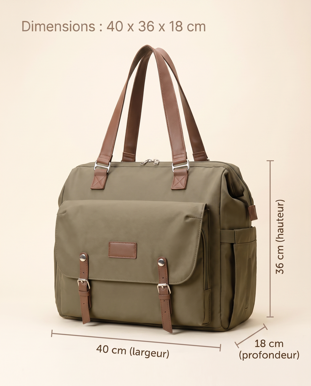 Sac à dos à langer vintage Tendrinette · Kaki · dimensions