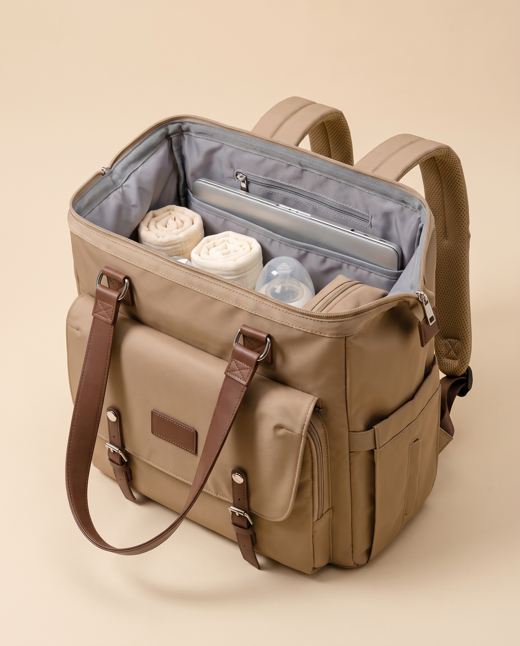 Sac à dos à langer vintage Tendrinette · Camel · intérieur ouvert